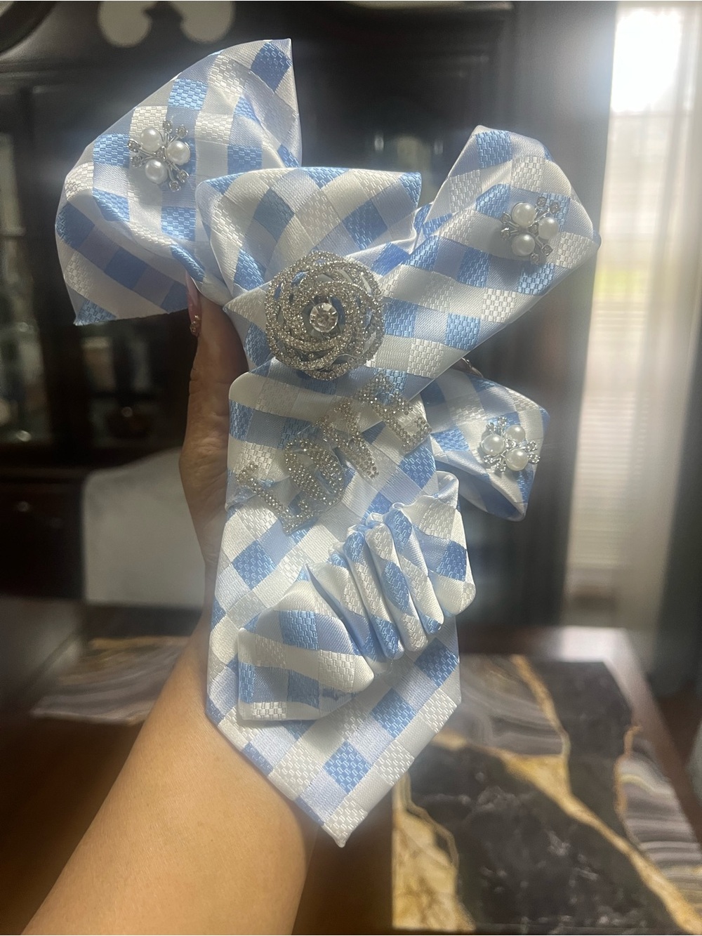 Blue and White Checkered Floral tie with Pearl Accents